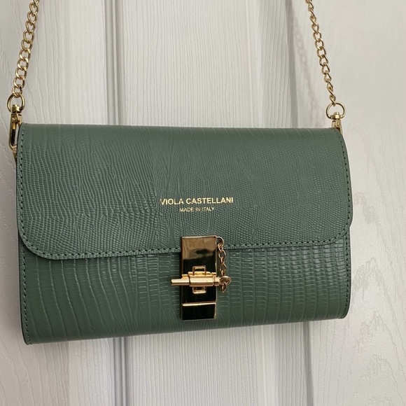 VIOLA CASTELLANI Italy Leather Lizard Embossed Crossbody bag Aqua Green - Picture 1 of 11